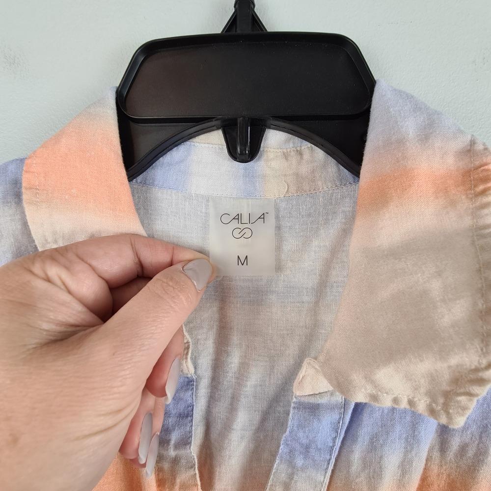 CALIA Womens Linen Blend Ombre Stripe Maxi Shirt Dress Blue Orange M Beach Cover - Picture 2 of 9